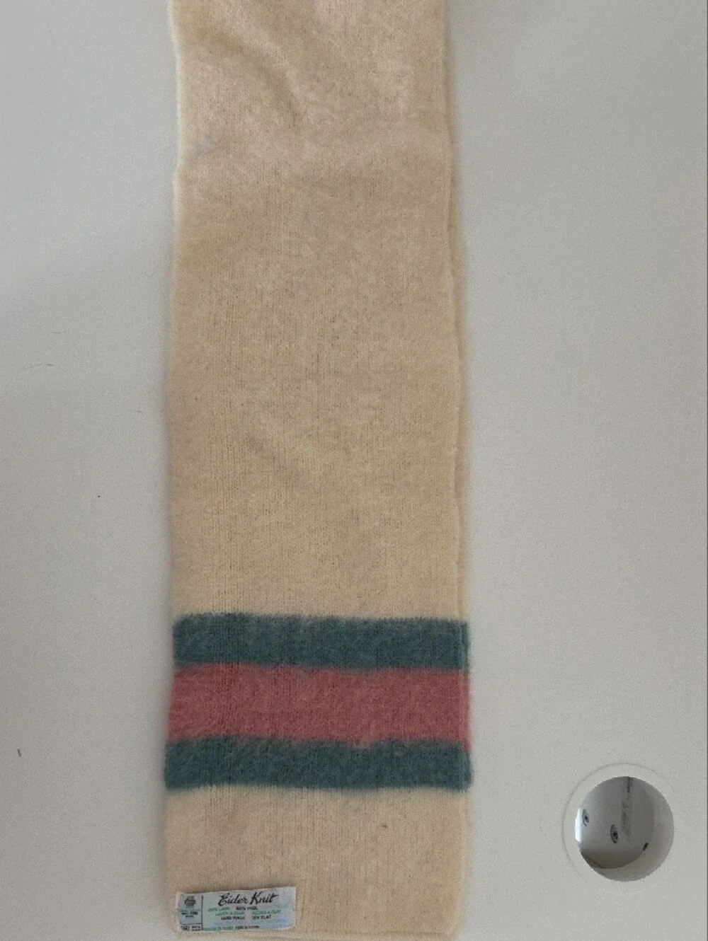 Vintage Eider Knit Cream Wool Scarf with Blue-Green and Dusty Pink Stripes